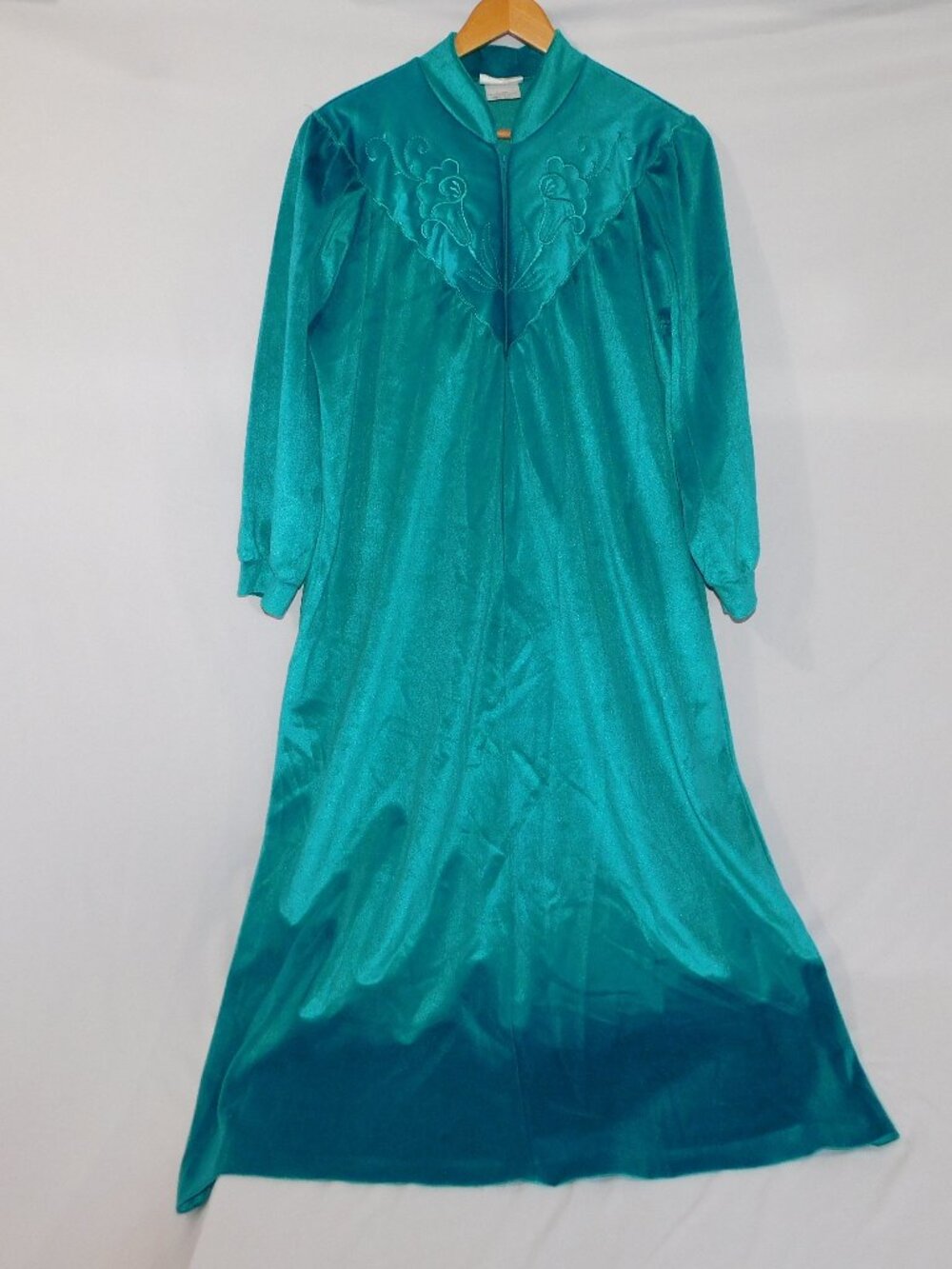 Vintage Kelly Teal Green Velour Embroidered Yoke Housecoat Womens L
